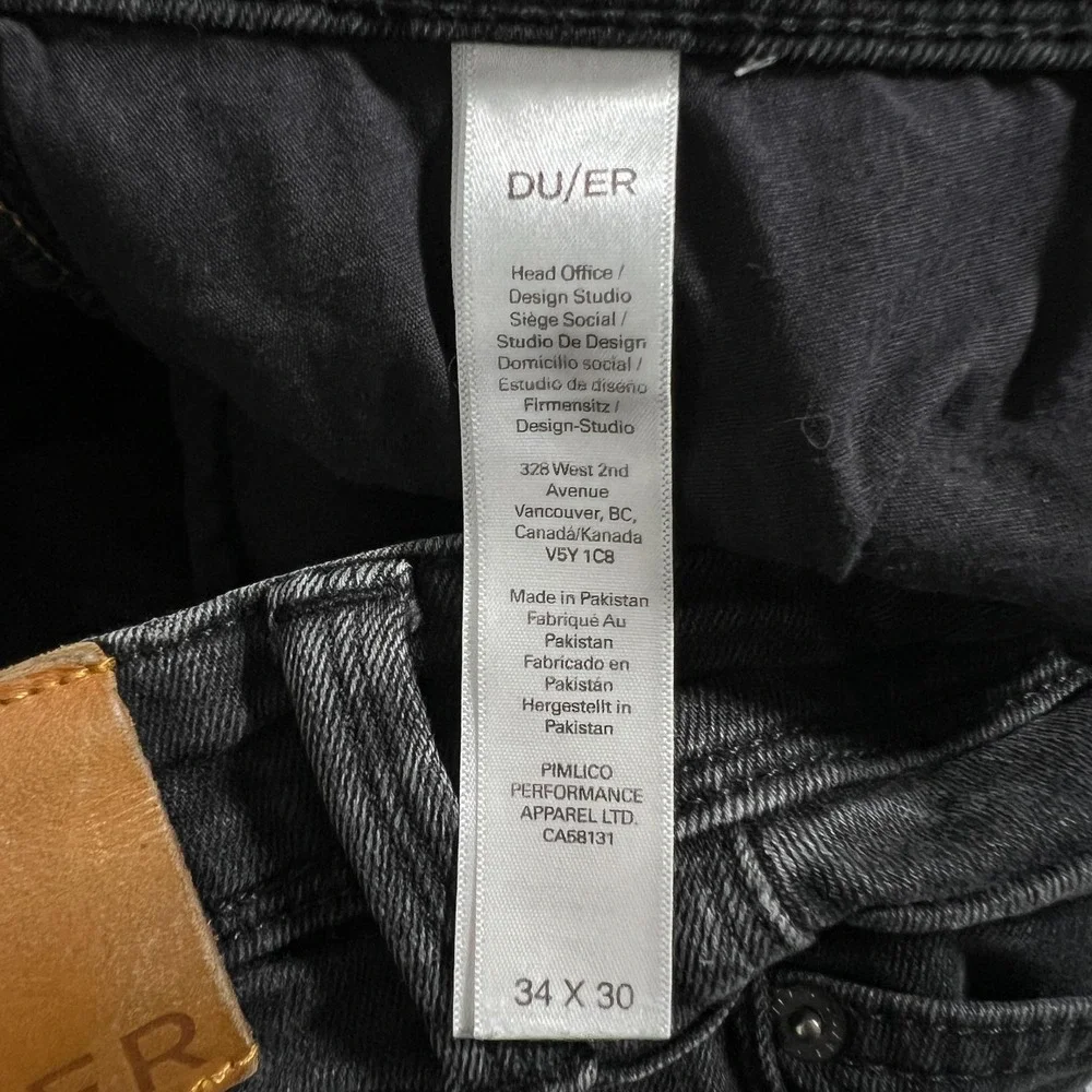 Duer Performance Slim Fit Jeans Mens 34x30 Black Denim Tapered Stretch Organic